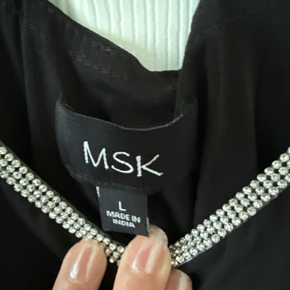 MSK Black Chiffon Overlay Dress L Rhinestone Trim Evening Cocktail - Picture 3 of 5